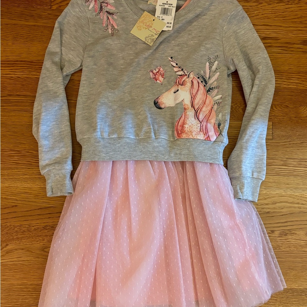 Unicorn Embroidered Gray and Pink Dress